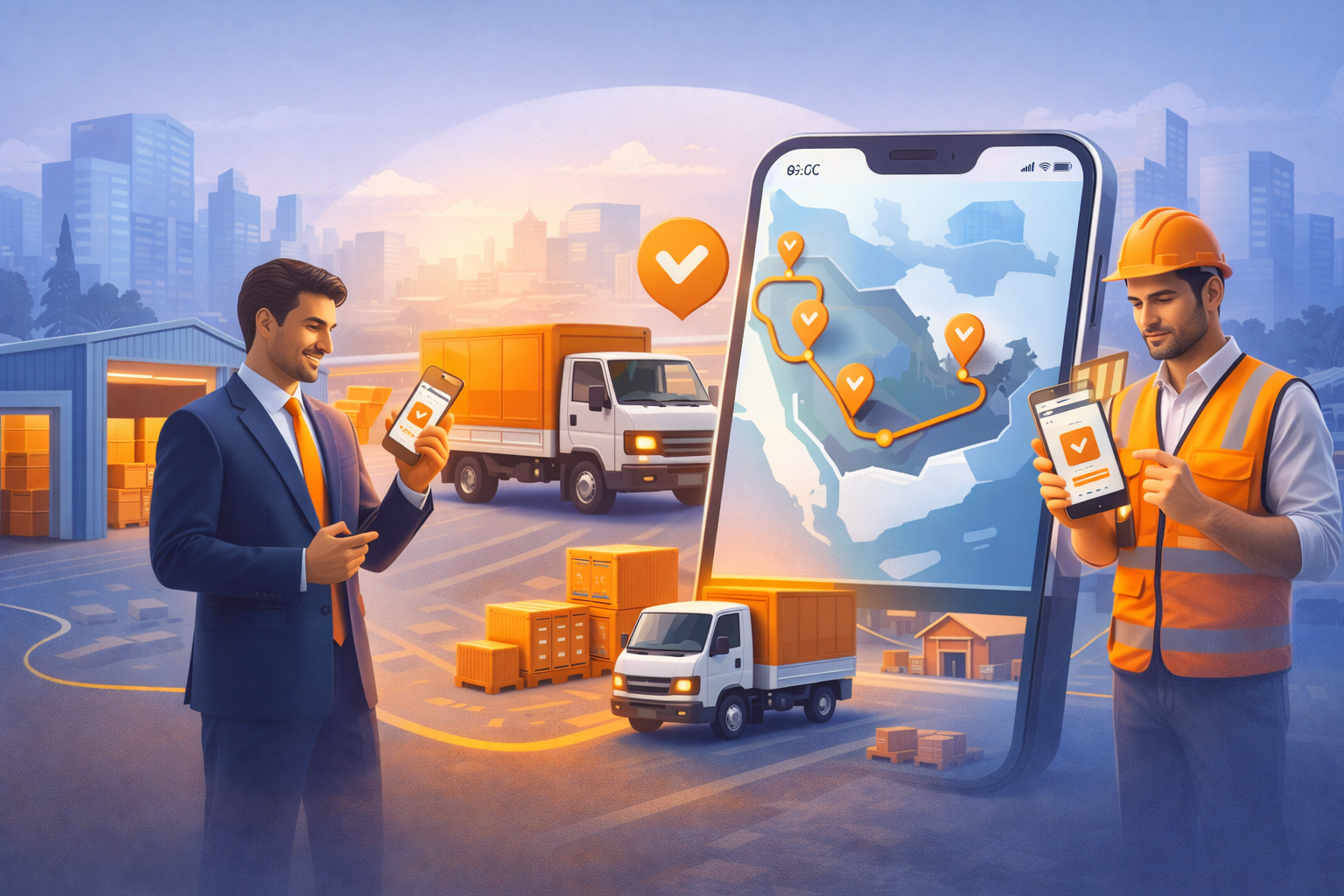 Logistics warehouse and trucks